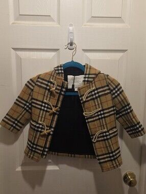 Burberry Beige Plaid Kids Toggle Hooded Pea Coat